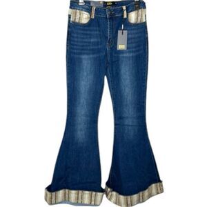 Dark Wash Flare Jeans | Aztec Print Cuffed Hem | High Rise Stretch | L&B | NWT